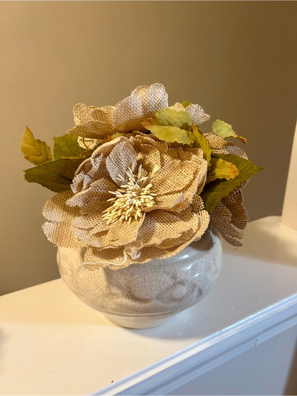 Kirklands Burlap Peony Arrangement in Cream and Green burlap
